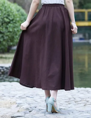 Vista 4 de AOTRIO Falda de algodón y lino para mujer, cintura elástica, larga, estilo retro, informal, con bolsillos