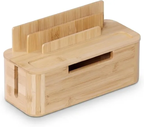 Vista 9 de Relaxdays Caja de cables para 2 regletas de alimentación de bambú, HBT: 6.3 x 11.8 x 5.1 in, soporte para tablet y teléfono celular, color natural