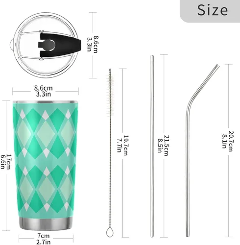 Vista 3 de Turquoise lozenge rhomb Stainless Steel cup with lid with Straw Leak Resistant Flip coffee mug to go for gym simply Vacuum Insulated Tumbler