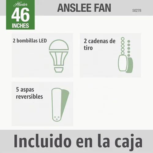 Vista 7 de Hunter Anslee, Ventilador de techo, para interiores, con luz LED, 46 Acabado cepillo níquel (Brushed Nickel Finish)
