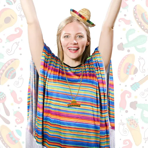 Vista 7 de 5 piezas de disfraces de fiesta Cinco de Mayo, poncho de tela de fiesta y sombrero de pajita, sombrero de 3 cuentas de collar mexicano para adultos