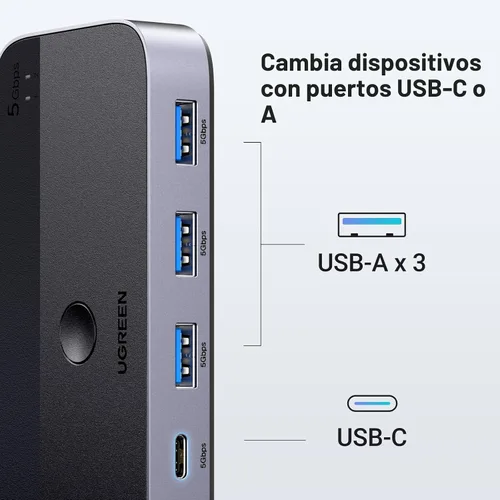 Vista 3 de UGREEN Conmutador USB 3.0 2 computadoras que comparten dispositivos USB C y A, conmutador USB de 4 puertos para compartir teclado y mouse