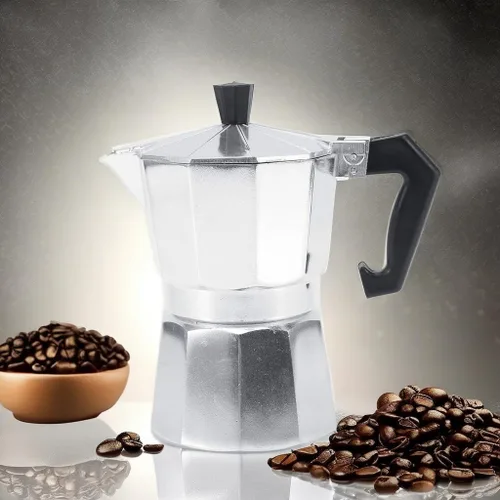 Vista 5 de Cafetera expresa, cafetera italiana de 3/6/9/12 tazas, cafetera para cocina, oficina, hogar (10.1 fl oz, 6 tazas)