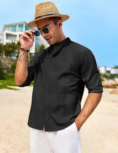 Vista 3 de COOFANDY Camisas casuales de lino para hombre, camisa de playa de manga larga con botones