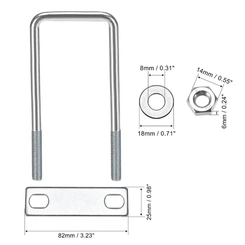 Vista 25 de uxcell Pernos cuadrados en U de 1 "(25 mm) de ancho interior de acero al carbono M8 con tuercas, placa de marco, arandelas redondas, juego de 4