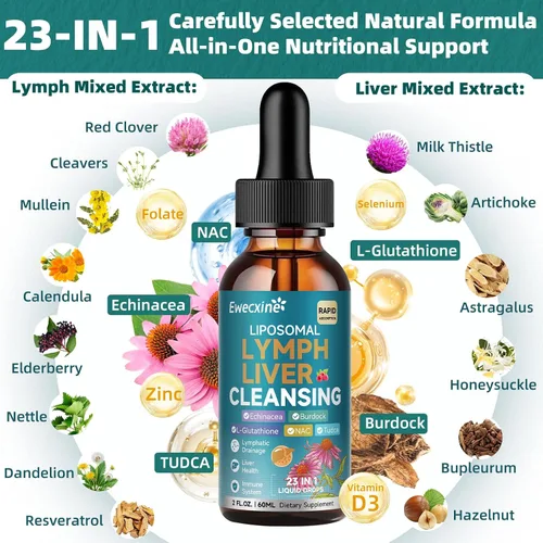 Vista 2 de Gotas de drenaje linfático liposomal y limpieza del hígado, 23 en 1 con equinácea, NAC, TUDCA, L-glutatión, bardana para linfa, desintoxicación