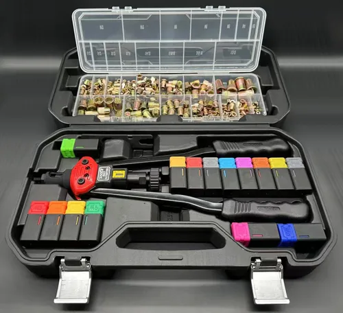 Vista 2 de Kit de tuercas remachadoras de 16 pulgadas, con 15 mandriles métricos y SAE, 236 tuercas de remache surtidas y funda de transporte resistente