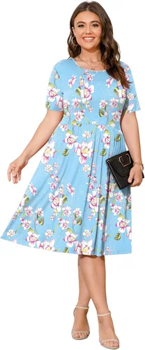 Vista 2 de POSESHE - Vestido de verano para mujer, talla extragrande, casual, manga corta, cintura imperial, corte holgado, vuelo, estilo camiseta y bolsillos