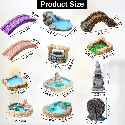 Vista 2 de Jetec 12 piezas de accesorios de jardín en miniatura, puente, mini faro, pozo de agua, figuritas de puente, figuritas de adorno para estanque
