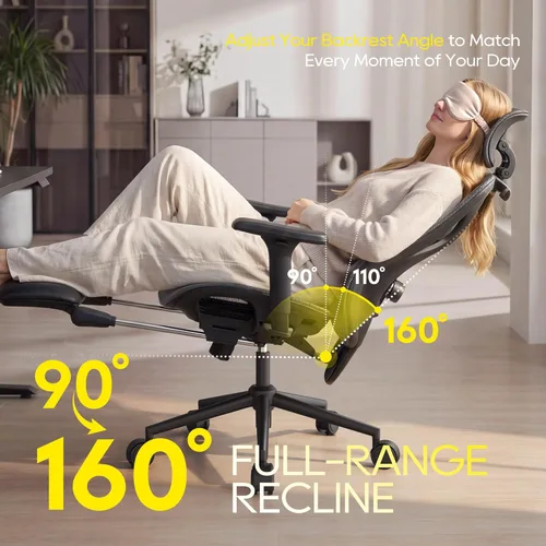 Vista 4 de CYKOV Silla de oficina ergonómica con reposapiés, soporte lumbar ajustable y reposacabezas, silla de computadora reclinable de malla de 90-160°