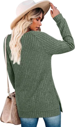 Vista 5 de Bofell Camisas de manga larga para mujer, cuello redondo, estilo casual, con botones, con abertura lateral
