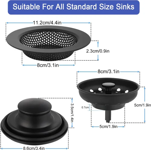 Vista 7 de Colador de drenaje para fregadero de cocina, paquete de 3 tapones de acero inoxidable, cesta de drenaje antiobstrucción para fregadero de cocina