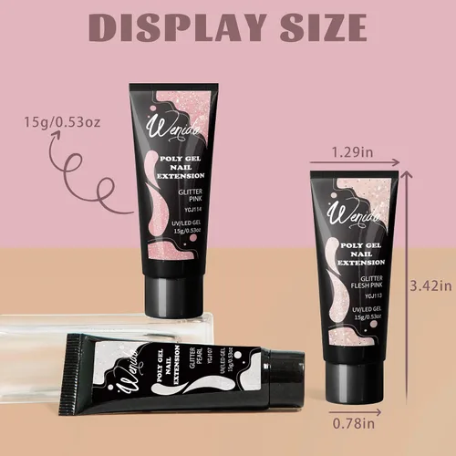 Vista 3 de Kit de gel de extensión de uñas, juego de gel transparente con purpurina para arte de manicura de uñas en casa