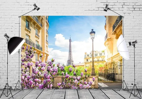 Vista 3 de BELECO Telón de fondo romántico de la Torre Eiffel de París, de 5 x 3 pies, diseño romántico de París, flores florecientes de primavera, cielo azul