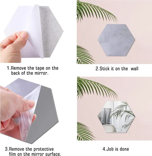 Vista 3 de 36 calcomanías de pared de espejo acrílico extraíbles, calcomanías de pared hexagonales plateadas, calcomanías de pared autoadhesivas 3D, azulejos