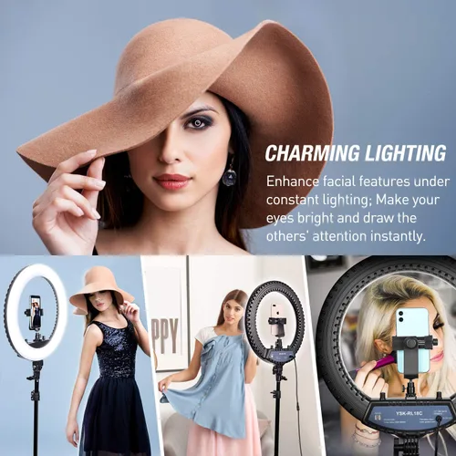 Vista 5 de Yesker Anillo de luz de 18 pulgadas con trípode grande para selfie, luz de anillo ajustable de 6000 K regulable, LED, portátil, profesional, kit
