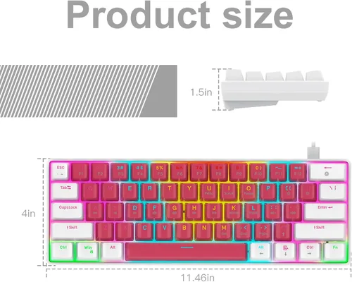 Vista 5 de Teclado portátil 60% mecánico para juegos, compacto de 61 teclas Mini USB-C Teclado de computadora Interruptor rojo para PC con Windows Laptop