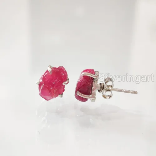 Vista 3 de AAA Rough Ruby Stud Earring, Natural Ruby Earring, July Birthstone, Womens Earring, 925 Sterling Silver, Christmas, Thanksgiving, Mens Studs