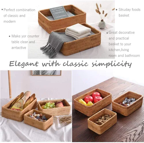 Vista 5 de Caja de frutas de mimbre rectangular hecha a mano, bandeja de ratán, organizador de revistas y objetos pequeños, cesta para servir (pequeña)