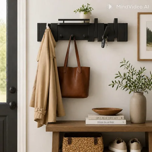 Vista 8 de Gancho plegable de nogal moderno de mediados de siglo con estante, ganchos de madera resistentes para toallas ocultos para baño, estante de pared