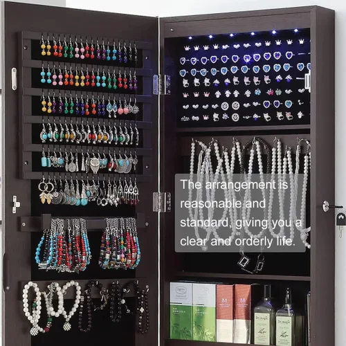 Vista 6 de GISSAR Armario de joyería con espejo de longitud completa, 6 luces LED, armario de joyería montado en la pared sobre la puerta, organizador de joyas