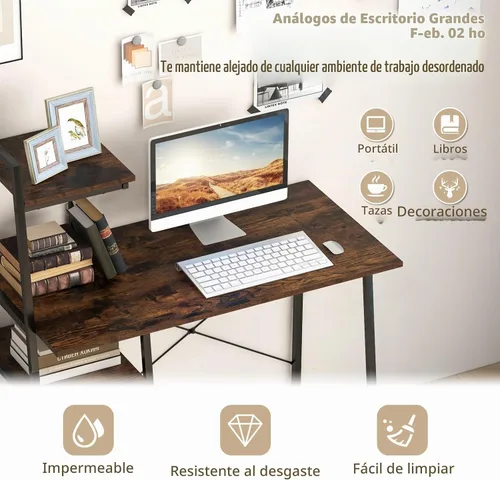Vista 5 de COSTWAY Escritorio para computadora con estantes de almacenamiento de 4 niveles, mesa de escritorio de oficina en casa con marco resistente