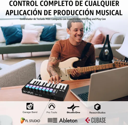 Vista 2 de M-VAVE Controlador de teclado USB MIDI de 25 teclas con 16 almohadillas de batería retroiluminadas, Bluetooth, teclado dinámico semi-pesado 16