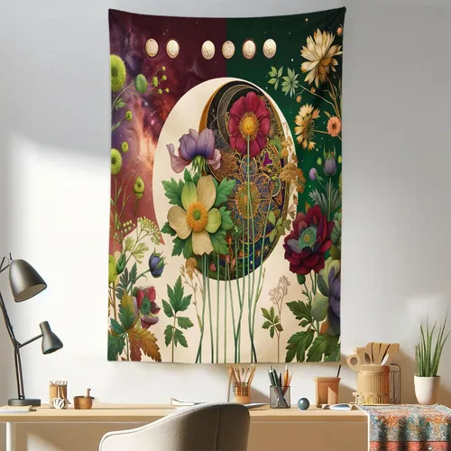 Vista 67 de Ambesonne Tapiz verde, fases lunares alrededor de un árbol de la vida, impresión de diseño bohemio de astrología nocturna, decoración de tela