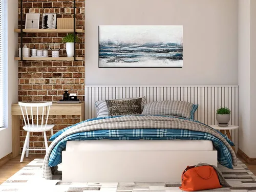 Vista 2 de Waowumar Lienzo abstracto azul y gris para pared, pintura azul neblina, cuadros texturizados azul marino y plateado para dormitorio, ilustraciones