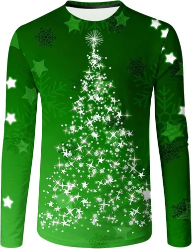Vista 6 de Camisetas para hombre, diseño gráfico de Navidad, de manga larga, ajuste muscular, para gimnasio, entrenamiento, camiseta casual con cuello redondo