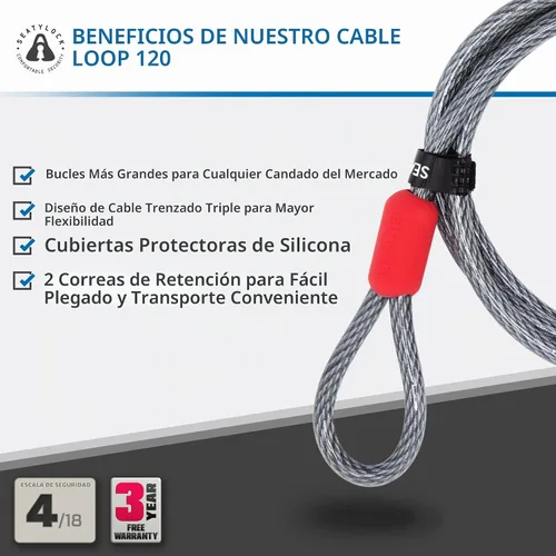 Vista 2 de SeatyLock Candado de cable para bicicleta, cable de acero trenzado triple antirrobo con bucles para seguridad de bicicleta, ajuste universal, cables
