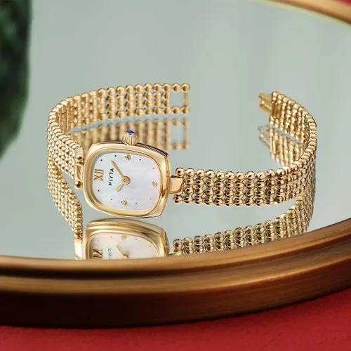Vista 6 de FIYTA Reloj dorado pequeño para mujer, caja rectangular vintage, relojes de pulsera de acero inoxidable para mujer