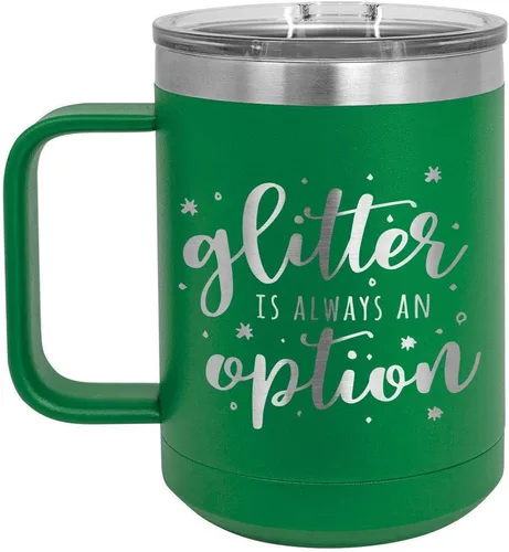 Vista 17 de GLITTER IS SIEMPRE UNA OPCIÓN Negro Taza de café de 15 oz con tapa deslizante Taza de café de viaje con aislamiento Ideas de regalos