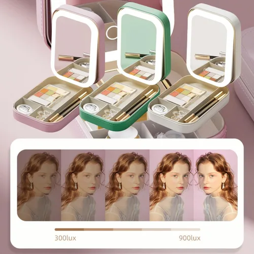 Vista 2 de Caja de almacenamiento de maquillaje integrada con espejo de llenado de luz, estuche cosmético ligero complementario LED, caja de almacenamiento