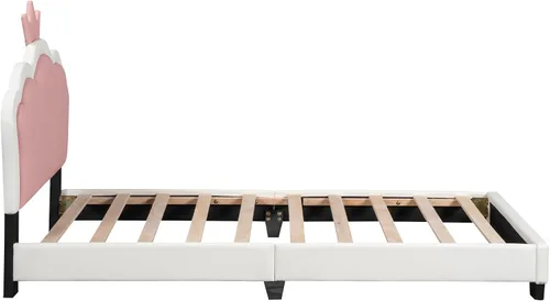 Vista 6 de Cama de plataforma tapizada de tamaño individual, marco de cama de plataforma de madera con cabecera en forma de corona, elementos de dibujos