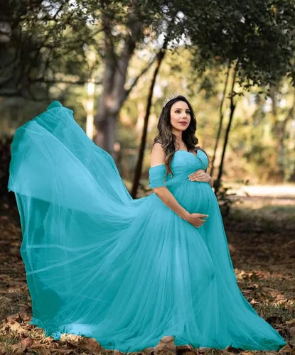 Vista 5 de ZIUMUDY Vestido largo de sesión de fotos de tul con hombros descubiertos para maternidad, manga caída, vestido de tul transparente