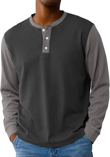 Vista 12 de Camisas de manga larga Henley con bloques de color para hombre, estilo casual, con botones, clásica, suave, transpirable