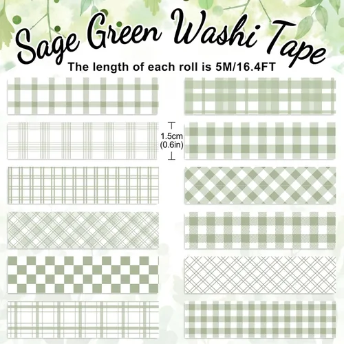 Vista 2 de Whaline 12 Rolls Sage Green Plaid Washi Tape Masking Tape Set Pastel Green Gingham Decorative Wrapping Paper Tapes Boxed for Wedding Scrapbook