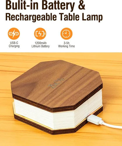 Vista 3 de Originality - Lámpara de acordeón plegable, lámpara de escritorio de madera portátil, regalos japoneses, linterna de papel LED creativa con USB