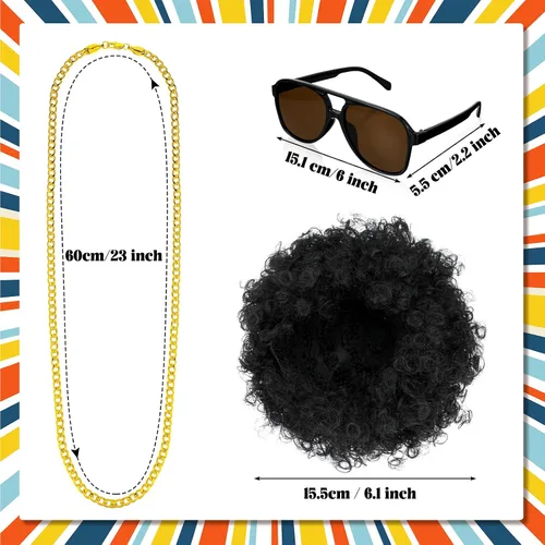 Vista 3 de Conjunto de 4 piezas de disfraz hippie para hombre, camisa étnica, peluca afro funk, collar dorado para hombre, lentes de sol para fiesta de cosplay