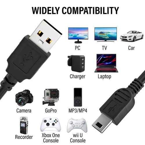 Vista 6 de Maeline Cable USB 2.0 para cámara Mini USB de carga Mini B Cable Perfecto (paquete de 1) Negro