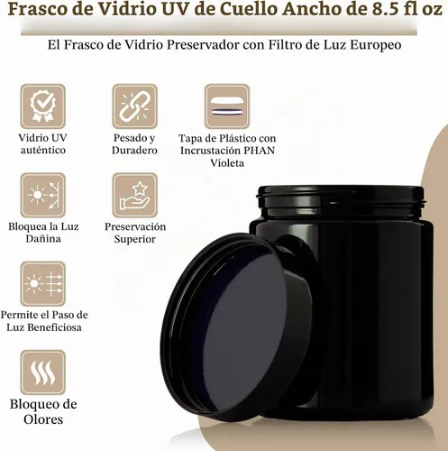 Vista 5 de Tarro de vidrio ultravioleta negro con tapa, recipiente hermético a prueba de olores de 8 onzas, almacenamiento de hierbas de cuello ancho, ideal