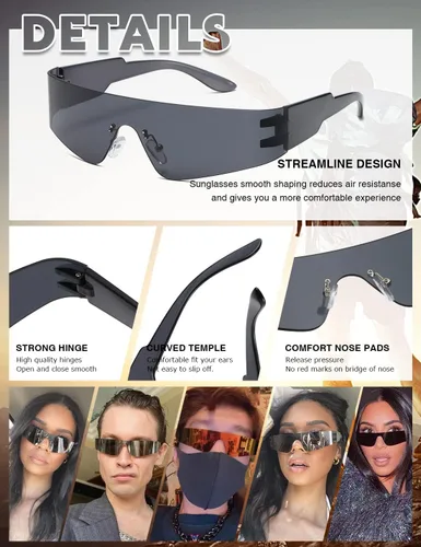 Vista 3 de MASDUN Gafas de sol envolventes futuristas sin montura para mujeres y hombres, Cyberpunk Visera, lentes de sol a la moda