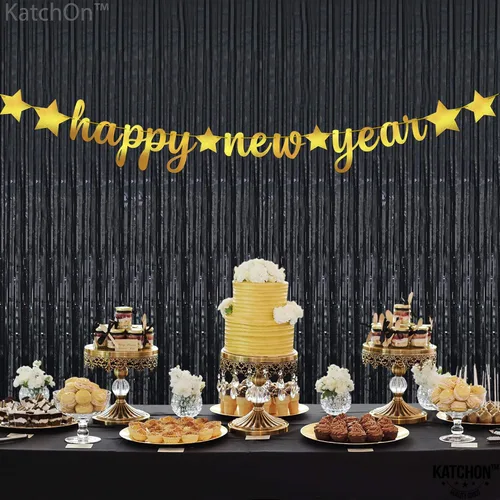 Vista 8 de KatchOn, Pancarta de Feliz Año Nuevo de Oro Brillante - 3.05 metros, Pre - Enhebrado Telón de Fondo de Feliz Año Nuevo para Decoraciones de Año