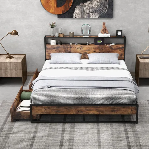 Vista 10 de Giantex Base de cama matrimonial con cabecero de luces LED y 4 cajones de almacenamiento, plataforma de metal con tomas de corriente y puertos USB