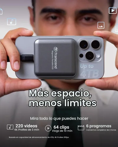 Vista 7 de Transcend 1TB ESD420 SSD magnético portátil hasta 2000MB/s USB3.2 Gen2x2 Oro champán