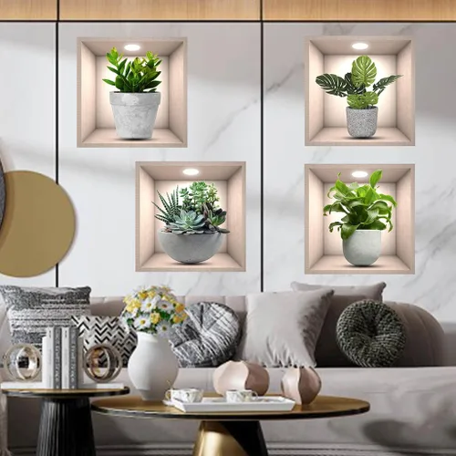 Vista 4 de Calcomanías creativas 3D de pared de plantas verdes, calcomanías de pared creativas para bricolaje, despegar y pegar, calcomanías adhesivas de pared