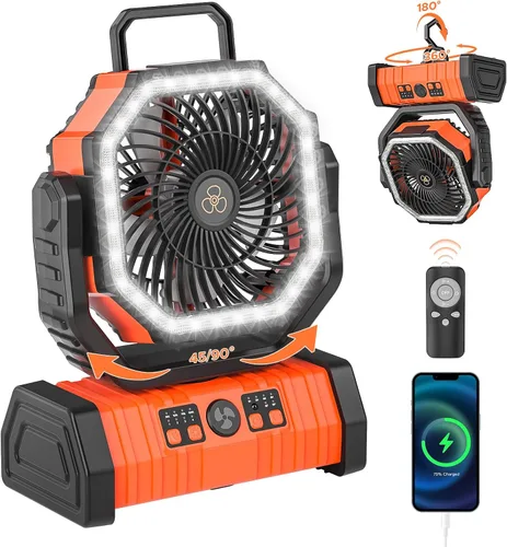 Vista 8 de Ventilador recargable de camping con linterna LED, 20,000 mAh, ventilador de escritorio auto-oscilante recargable con batería, control remoto