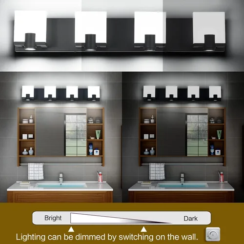 Vista 3 de SOLFART Luces LED regulables para tocador de baño, lámparas modernas con focos, 4 luces, acabado negro mate, base de metal, acrílico blanco
