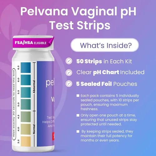 Vista 2 de Tiras de prueba de pH vaginal Pelvana para mujeres – 50 tiras, kit de prueba en casa para infección por BV y por levadura, probador de pH vaginal